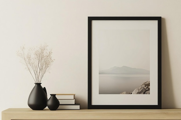 Photo a framed picture of a mountain and a black frame