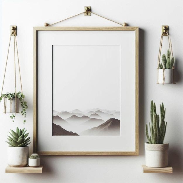 a framed picture of a mountain landscape hanging on a wall