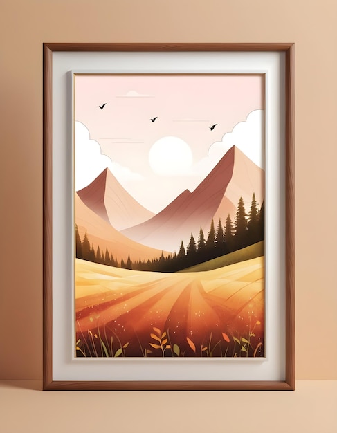 a framed picture of a mountain landscape and a sunset