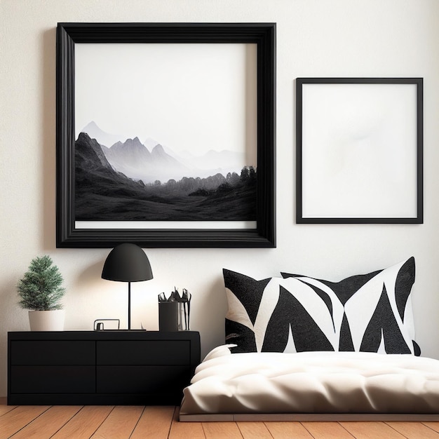 A framed picture of mountains and a bed with a black and white cover.