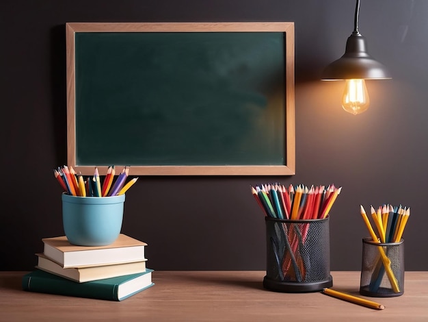 a framed picture of pencils and pencils on a table