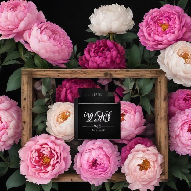 Photo a framed picture of pink and white peonies with a black label that says  the name of the garden