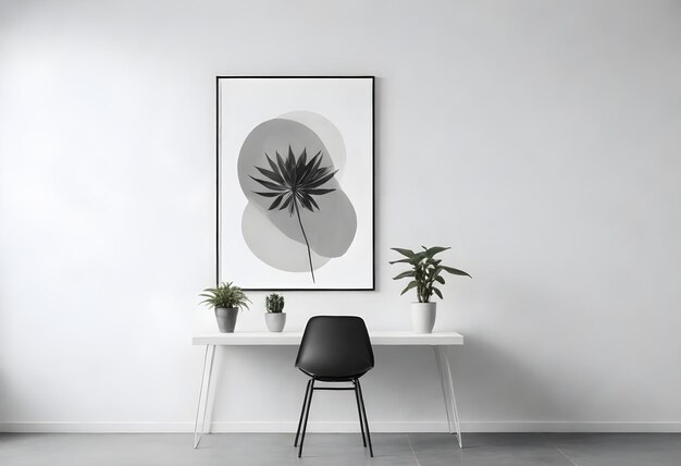 a framed picture of a plant and a chair in front of a white wall with a plant in it