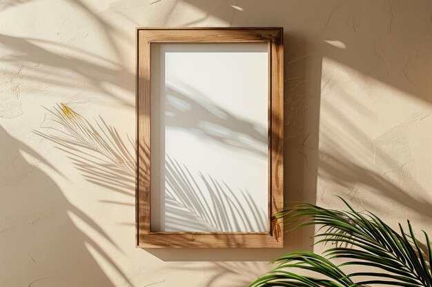 a framed picture of a plant and a frame with a palm tree in the background