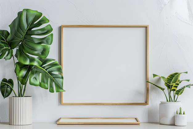 Photo a framed picture of a plant and a plant on a table with empty blank space for text copy space or mockup design high detail 8k ar 32 v 6 job id a63fd21adbd1422b8f0b0a742ee4a283