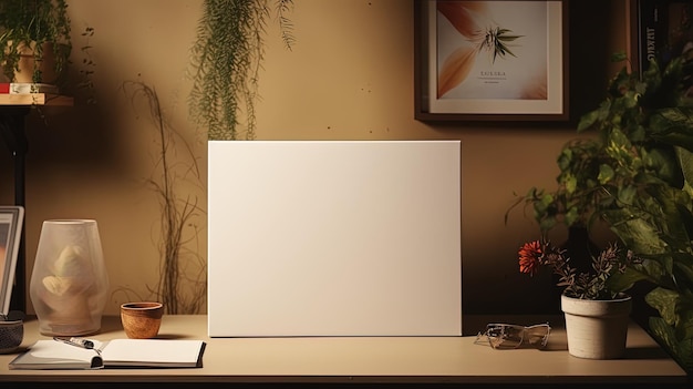 a framed picture of a plant and a plant on a table.