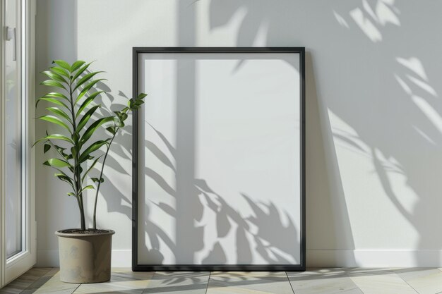 a framed picture of a plant and a plant on a tiled floor