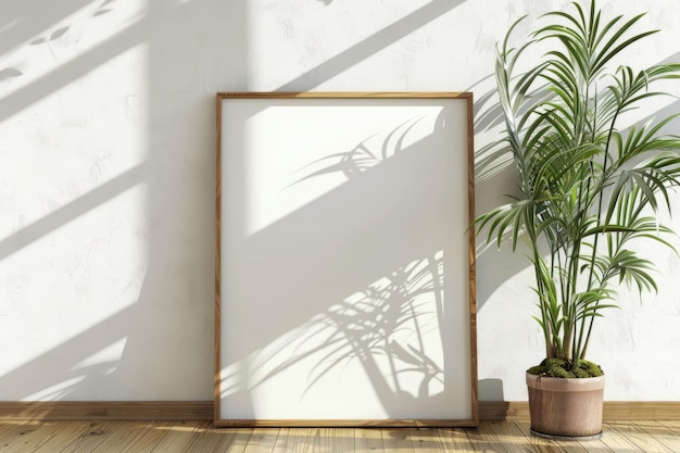 a framed picture of a plant and a plant on a wooden floor