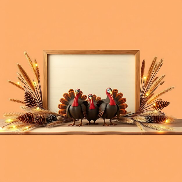 a framed picture of three turkeys on a table