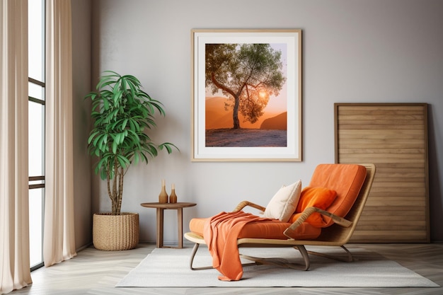 A framed picture of a tree hangs on a wall.