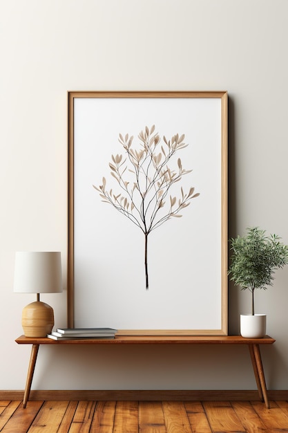 A framed picture of a tree and a lamp on a shelf