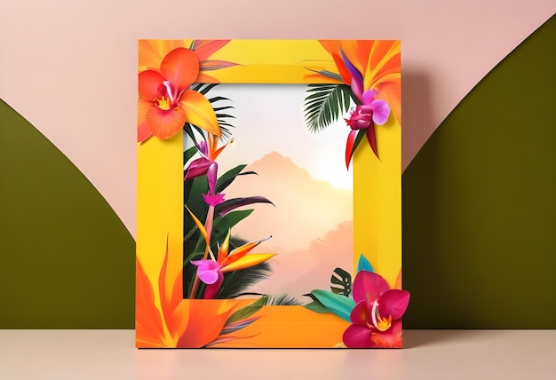 Photo a framed picture of a tropical plant and flowers