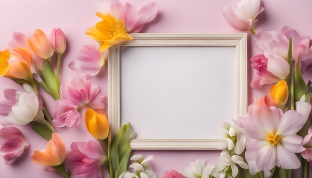 a framed picture of tulips and a frame with a pink background