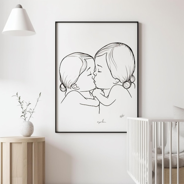 A framed picture of two babies on a white wall.