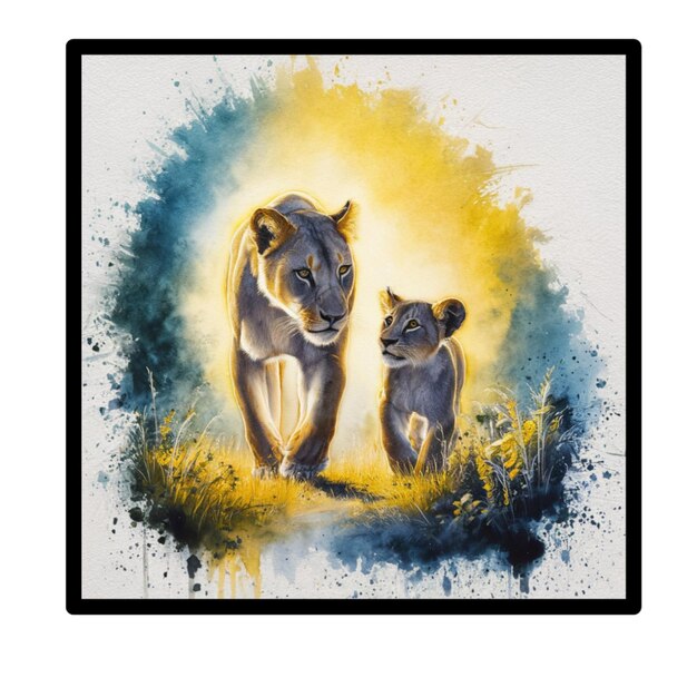 a framed picture of two lions and a lion