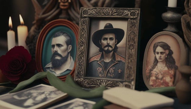 Photo a framed picture of two men and a man with a cowboy hat