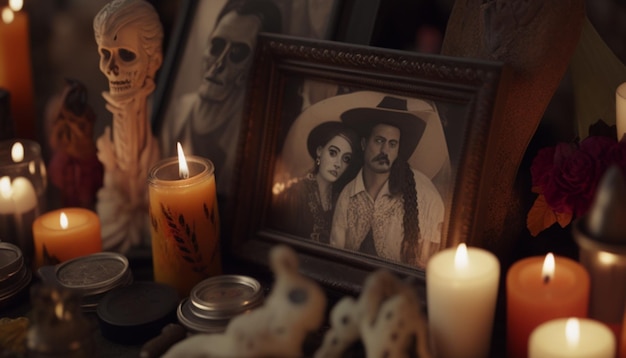 Photo a framed picture of two people and a candle with a skull and a picture of a woman