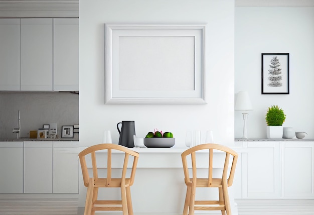 a framed picture on a wall above a kitchen island.