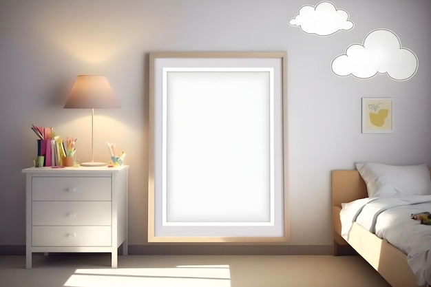 A framed picture on the wall with a drawing of clouds and a lamp.