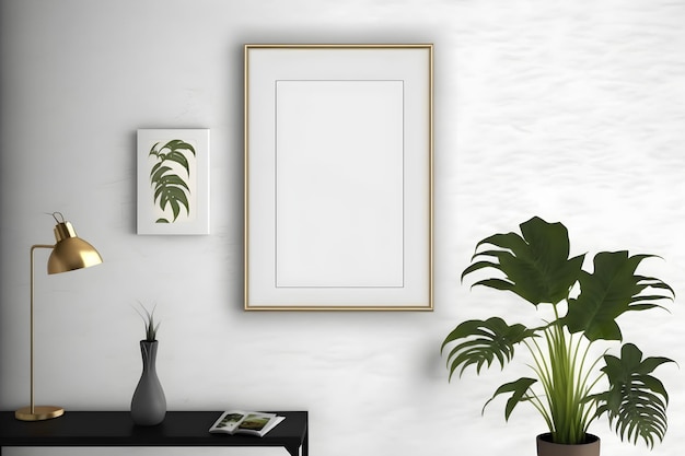 A framed picture on a wall with a plant on it.