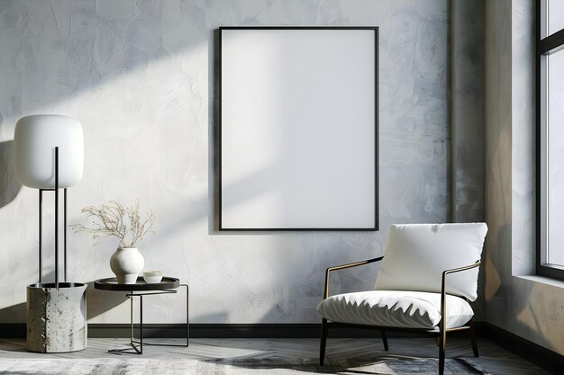 a framed picture on a wall with a white chair and a table