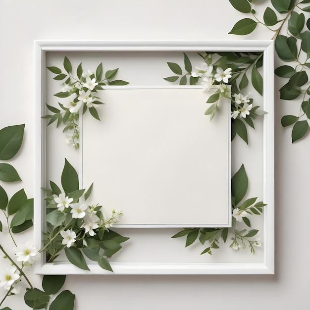 Photo a framed picture of a white frame with white flowers and green leaves