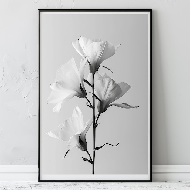 a framed picture of a white tulip with a black frame that says  bloom