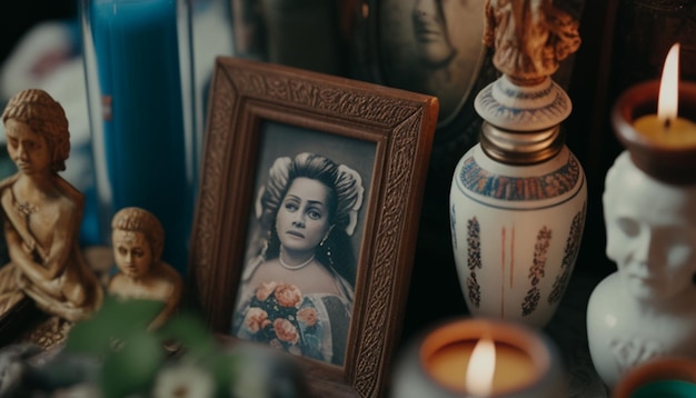 Photo a framed picture of a woman with a flower in her hair