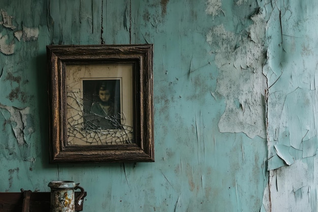 A Framed Portrait with Cracked Glass Hanging on a Weathered Wall