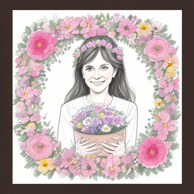 a framed portrait of a woman holding a bouquet of flowers