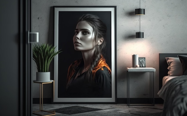 A framed portrait of a woman on a wooden table with a plant. picture frame mockup. ai generated