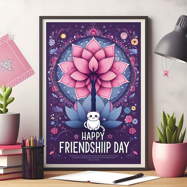 Photo a framed poster of friendship day with a cat and flowers on the table