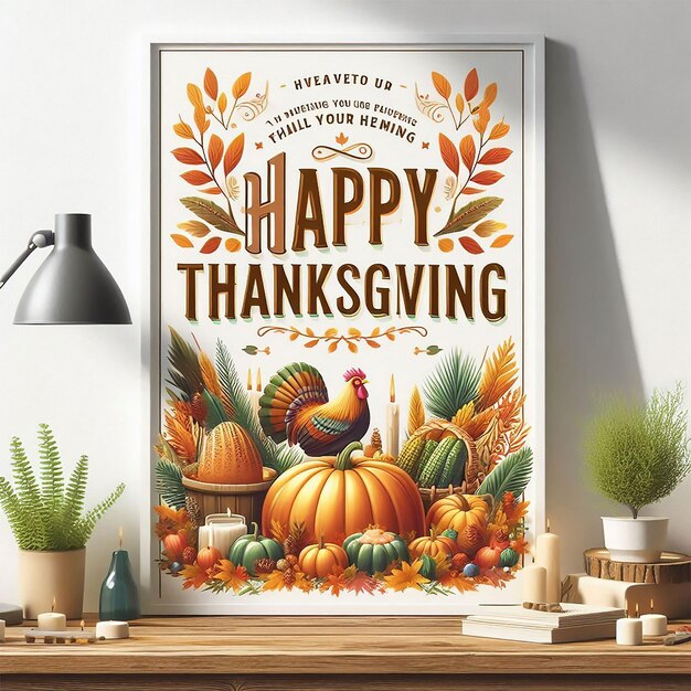 Photo a framed poster for happy thanksgiving with a turkey on the wall