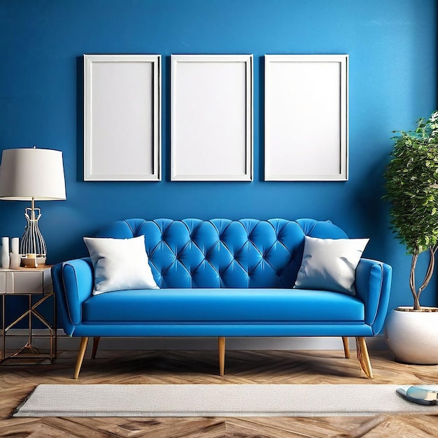 Frames mockup blue couch and frames mockup living room photo mockup picture frame template