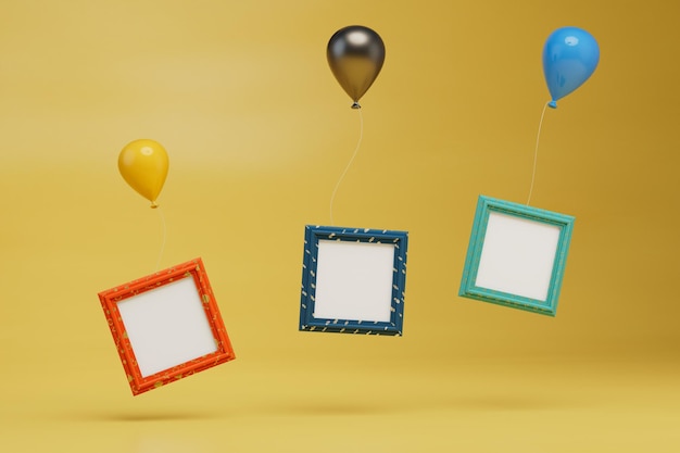 Frames for photos of different colors flying on multicolored balloons on a yellow background