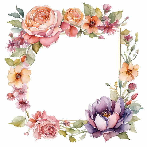 Framing flowers on white background with copy space watercolor illustration