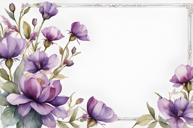 Framing purple flowers on white background with copy space watercolor illustration