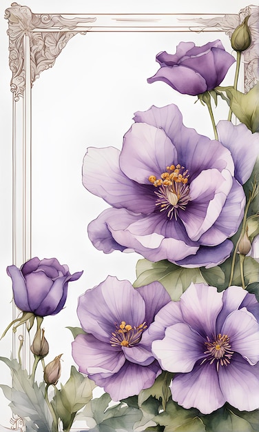 Framing purple flowers on white background with copy space watercolor illustration