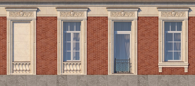 Framing of windows in classic style on the brick wall of red color. 3d rendering.