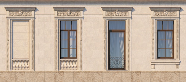 Framing of windows in classic style on the stone. 3d rendering.