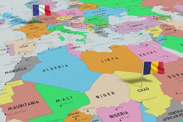 Photo france and chad pin flags on political map 3d illustration