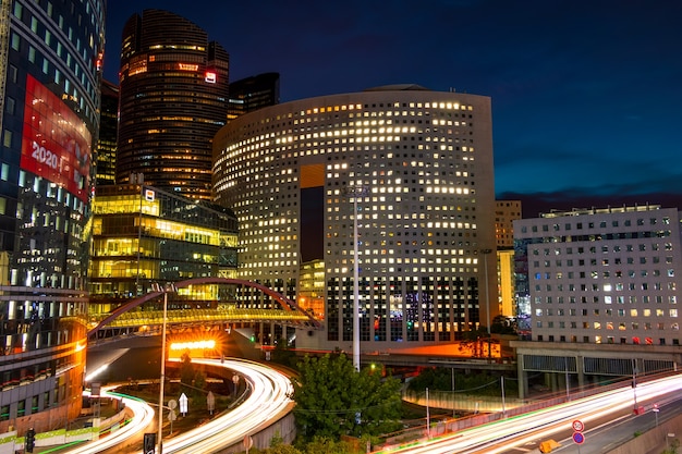 France. District La Defense in Paris. Evening car traffic