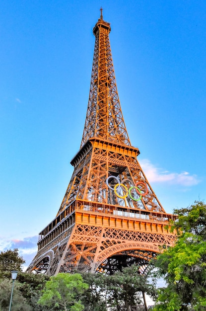 France Paris Eiffel Tower Evening Olympic rings Olympics