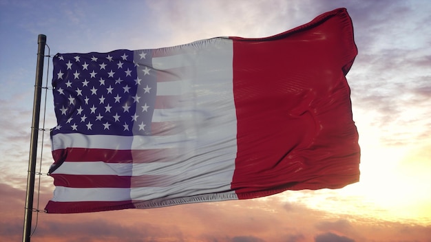 France and USA flag on flagpole. USA and France Mixed Flag waving in wind