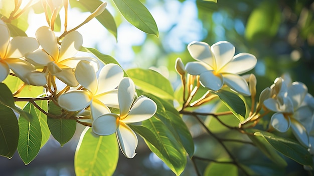 Frangipani leaves with the sun shining through