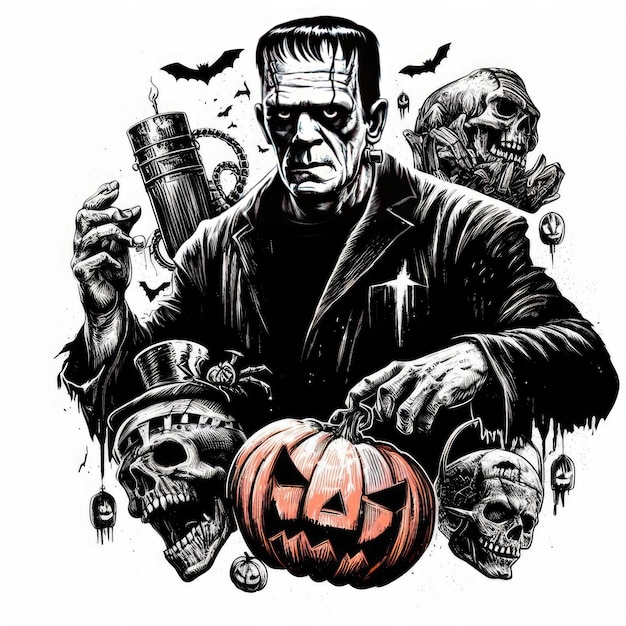 Frankenstein with pumpkin on white