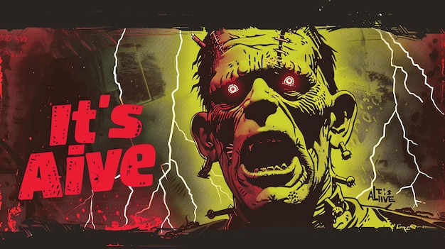 Frankensteins monster with glowing red eyes screaming against a background of yellow and red