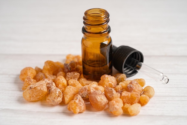 Frankincense or olibanum aromatic resin isolated on white background used in incense and perfumes