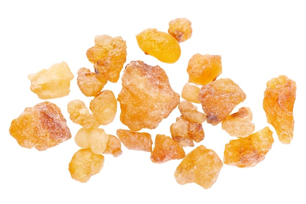 Frankincense resin isolated on white background Pile of natural frankincense Olibanum Incense Top view