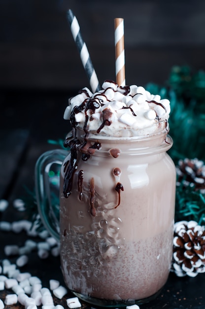 frapuccino with whipped cream and chocolate syrup